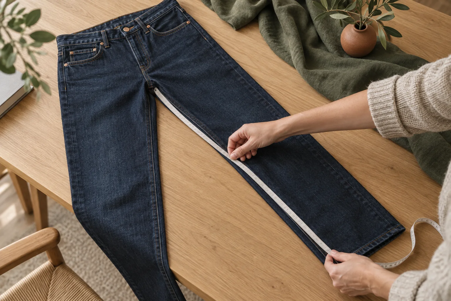 AI-generert foto av innerbenet på en jeans som måles