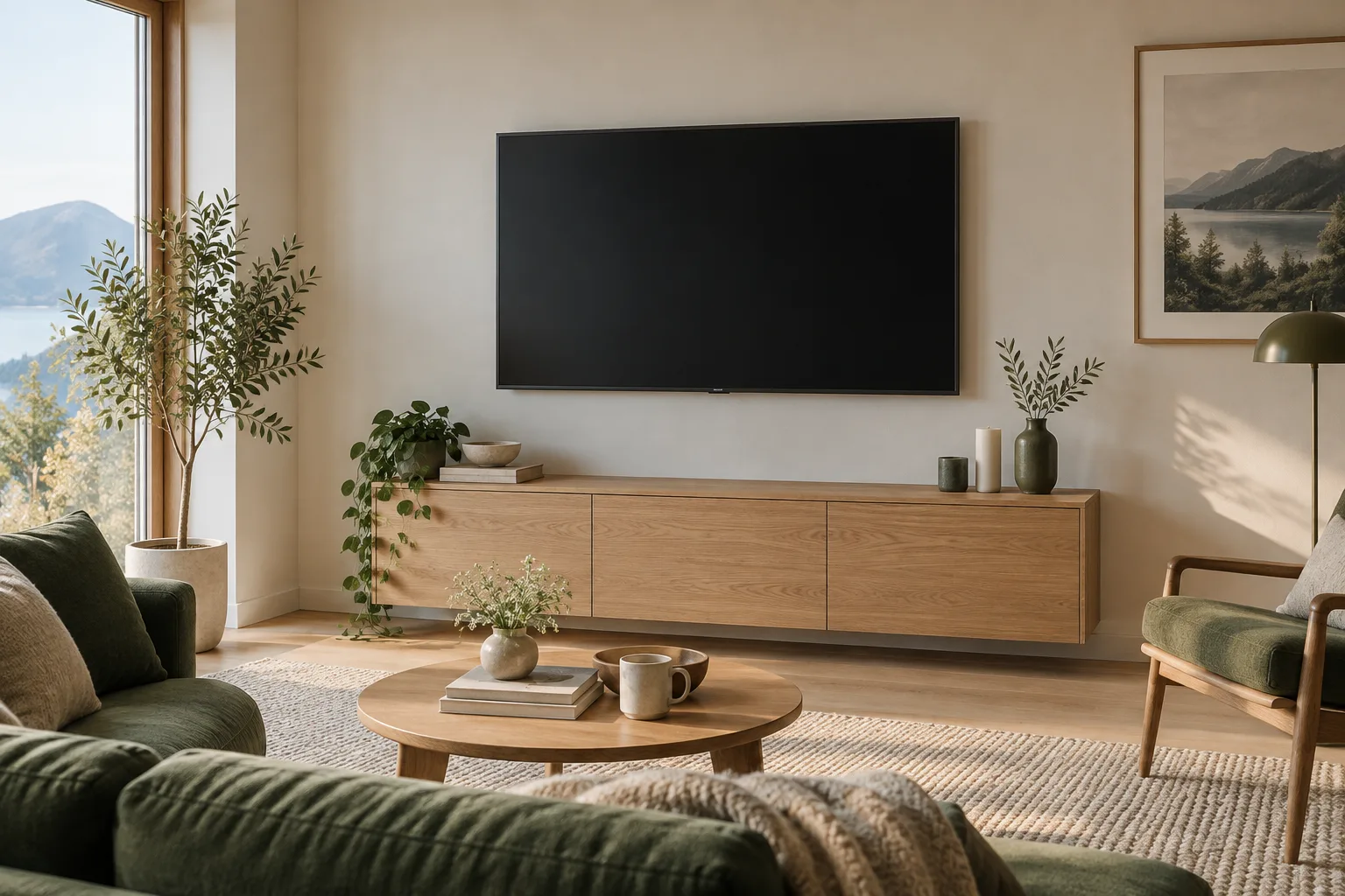 AI-generert foto av en TV i stuen